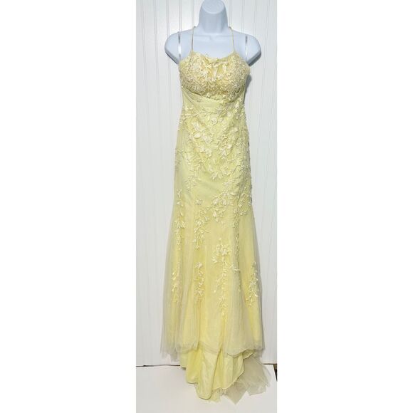 Amarra Yellow Floral Lace Applique Spaghetti Strap Formal Gown‎ Dress Size 2 - Picture 15 of 15